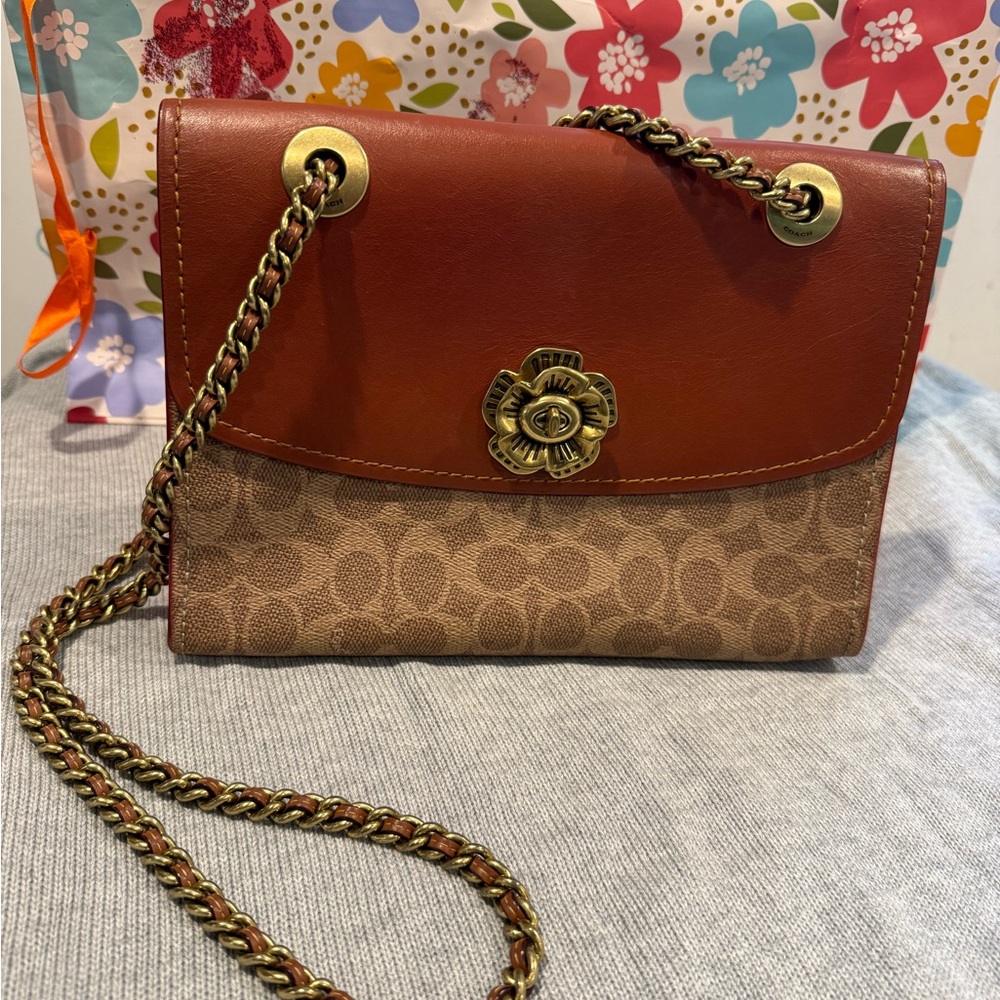 Coach Parker Leather and Signature Canvas Crossbody - Chestnut/Tan
